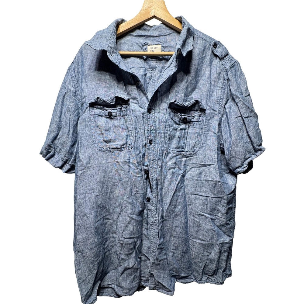 Old Navy Classic Fit Shirt Mens XL Linen Cotton Short Sleeve Epaulets Pocket